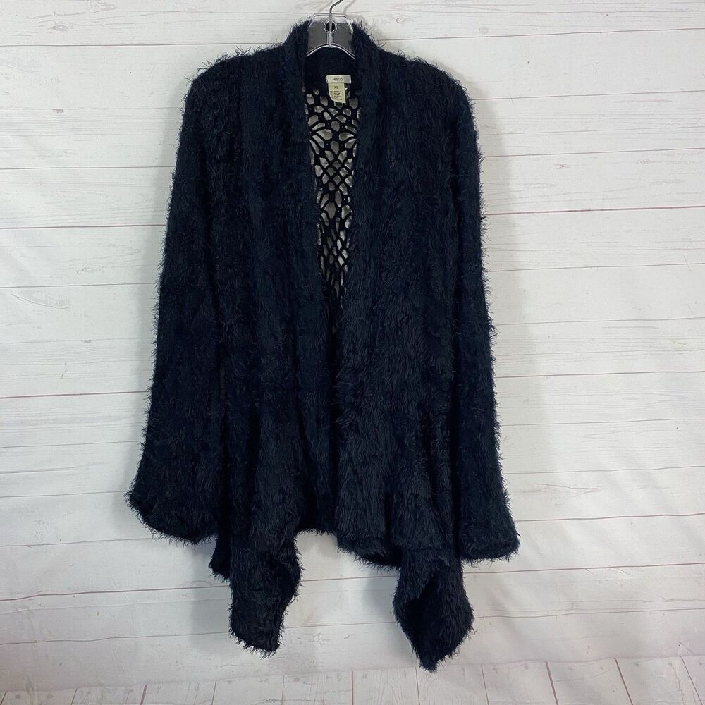 Escio Womens Open Front Fuzzy Knit Cardigan Sweater XL Black Long Sleeve